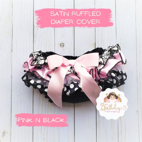 Pink and Black Satin Ruffled baby bloomer, Satin Ruffled Diaper cover, Baby girls ruffled lace bloomers, Cake smash outfit, Photo props