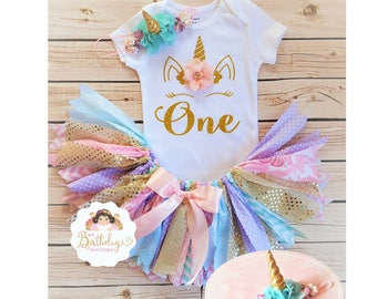 Unicorn First Birthday tutu outfit,First Birthday Outfit Girl,Rag tutu, first Birthday,Girls 1st Birthday Outfit Unicorn,ONE tutu set