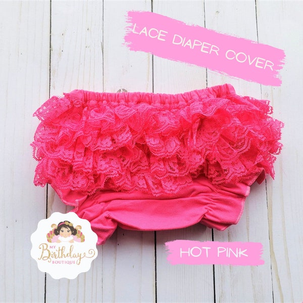 Hot Pink Lace baby bloomer, Lace Diaper cover, Baby girls ruffled lace bloomers, Cake smash outfit, Photo props