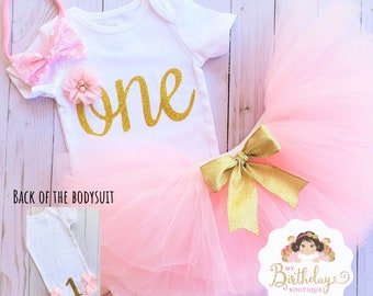 1st Birthday Girl Outfit- Pink and Gold First Birthday- 1st Birthday Tutu Outfits- First Birthday Outfit- Girl Birthday Outfit