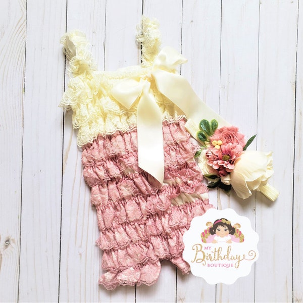 Dusty Ivory Rose Lace Romper, Baby Girl Coming home outfit, Girl's Petti Lace romper, baby girls Romper, wedding flower girl,Baby outfit,