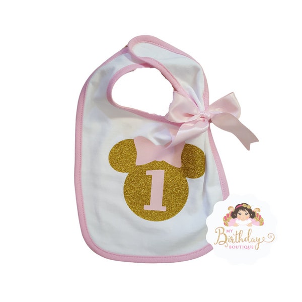 Minnie mouse inspired baby bib,1st birthday minnie mouse inspired bib,First Birthday Bib,pink and gold,cake smash