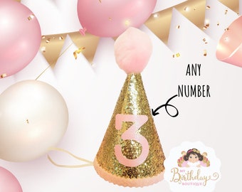 Pink and gold  Birthday Hat,Baby Girl Birthday Hat,Gold Birthday Hat,Pink pom pom,Birthday Celebration