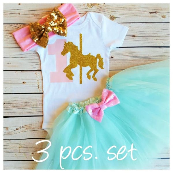 Mint, Pink and gold tutu outfit,Carousel Horse Birthday Tutu outfit,Tutu birthday outfit,mint birthday tutu,mint tutu,girl birthday outfit