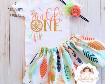 Wild one tutu outfit,Peach,Mint and Gold Wild One Dreamcatcher Birthday Outfit,Tribal tutu outfit,Baby Girl Boho Theme First Birthday