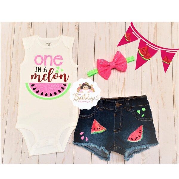 Girls One in a Melon First Birthday Outfit Birthday Outfit Sweet One Bodysuit Baby Girl One Birthday 1st Birthday Distressed Jean Shorts