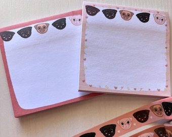 Pacchetto di cancelleria carino Pug, 2 foglietti adesivi, 2 nastri washi