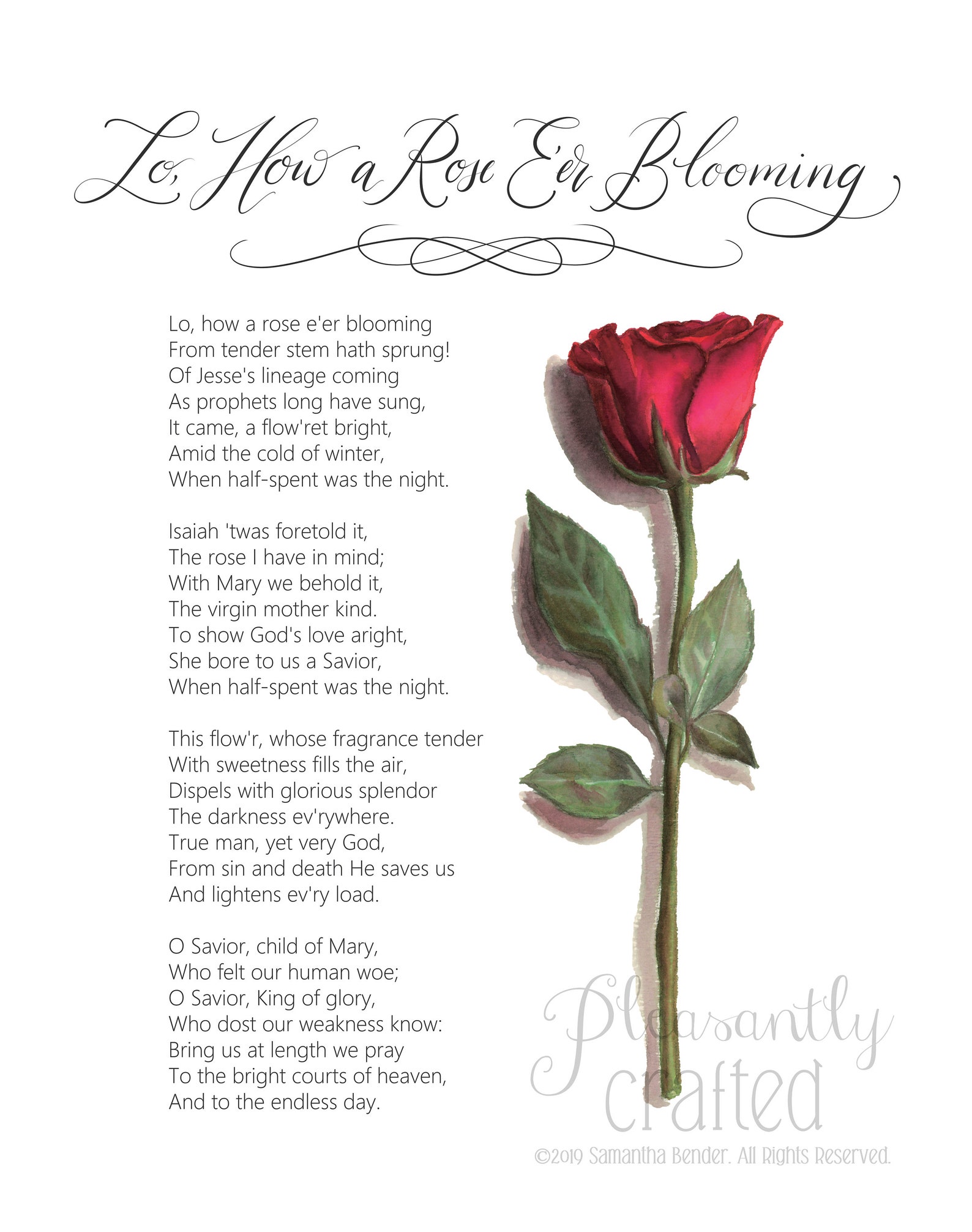 Lo, How a Rose E'er Blooming Hymn Art Lutheran Art PRINT FREE SHIPPING