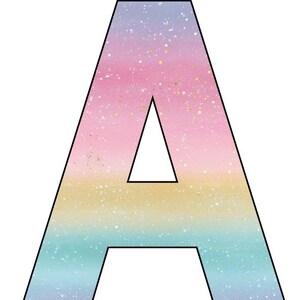 May include: A capital letter "A" with a black border. The inside is a gradient of pink, yellow, and blue, with white speckles. A triangular shape is cut out of the letter. The overall effect is a starry sky.