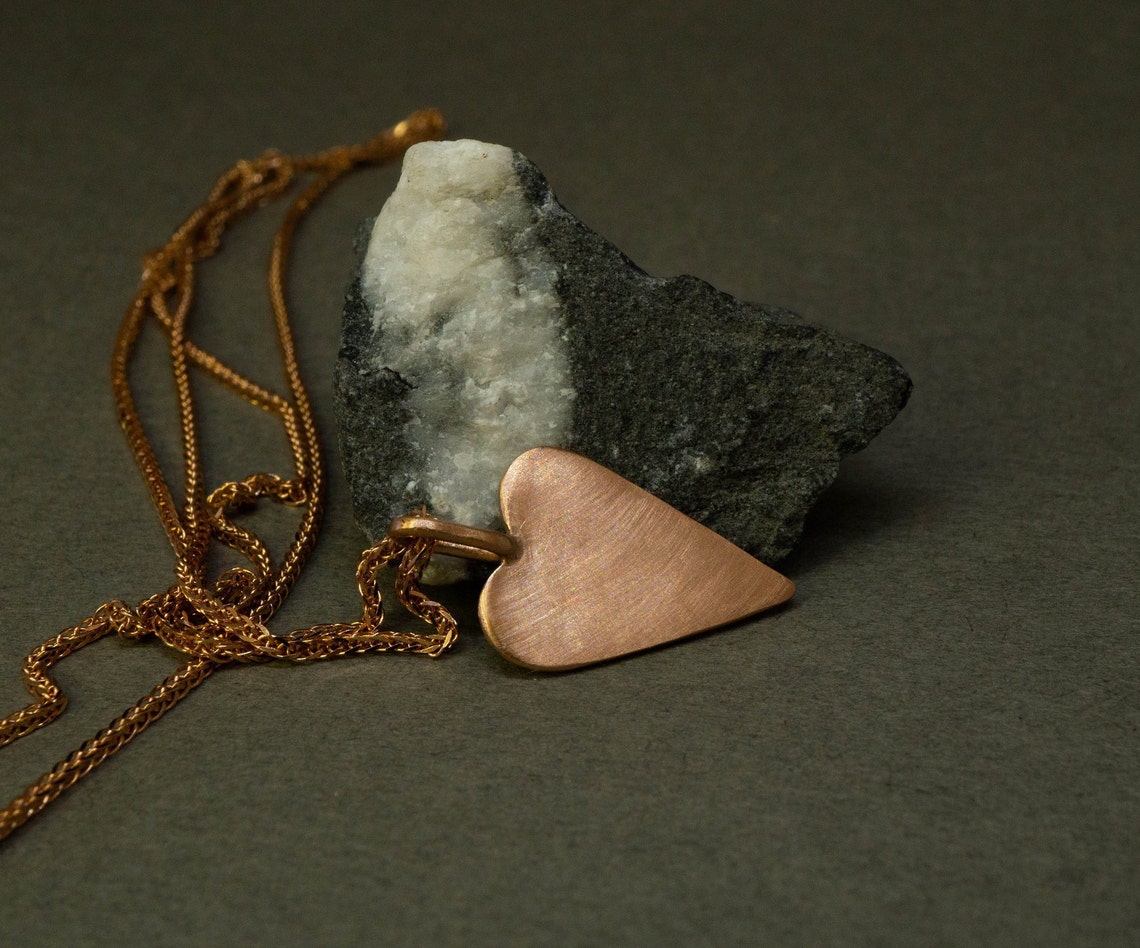 Solid Gold Heart Charm Necklace Flat Heart Necklace Solid Etsy