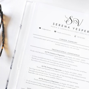 May include: A black and white resume template with the text "Serena Vesper, Media & Communications Specialist" at the top. The resume includes contact information, a career summary, and a professional experience section.
