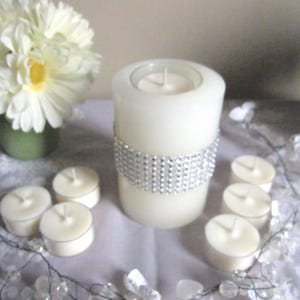 Bling Ribbon Refillable Pillar Candle 4.5 Inches Tall by 3 Inches Wide. With 12 Soy scented Tea Lights Forever candle. Wedding/Glam gifts.