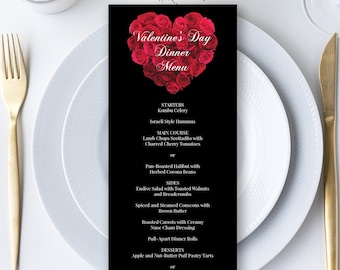 Red Rose Heart Bouquet Valentines Holiday, Special Occasion Dinner Menu Card, 4" x 9" Card Template - Editable PDF, Instant Download