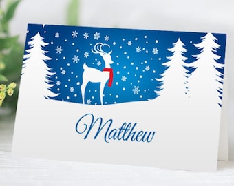 Reindeer in Winter Wood Christmas Printable Personalized Place cards; 3.5"x2" Folded Cards, Editable PDF, Instant Download