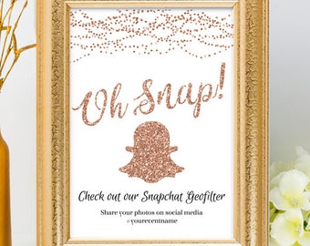 Printable Rose Gold Glitter Look String Lights Geofilter Wedding Event Hashtag Sign, 2 Sizes, Editable PDF Instant Download