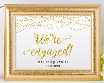 Printable Gold Foil Look We're Engaged String Lights Sign, 2 Sizes: 14"X11" and 10"x8", Editable PDF, Instant Download