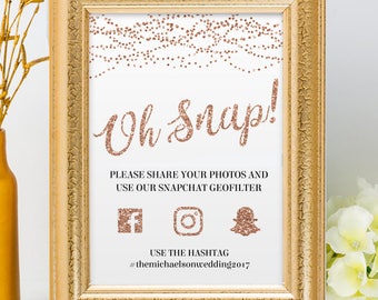Printable Rose Gold Glitter Foil Look String Lights Social Media Wedding Event Hashtag Sign, 2 Sizes, Editable PDF, Instant Download