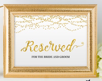 Printable Gold Foil Look Reserved String Lights Wedding or Event Sign, 2 Sizes: 10"x8" and 7"x5", Editable PDF, Instant Download
