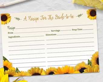 Printable Rustic Sunflower Recipe Card, Bridal Wedding Shower, 6"x4", JPG Instant Download