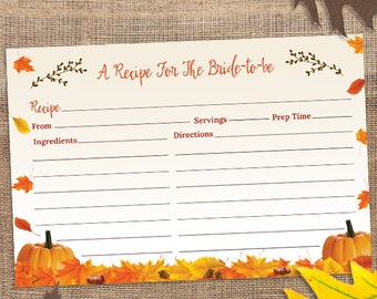 Printable Rustic Autumn Pumpkin and Leaves Recipe Card,  Bridal Wedding Shower, 6"x4", JPG Instant Download