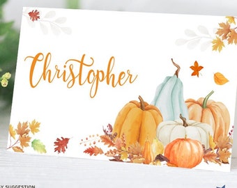 Watercolor Thanksgiving Friendsgiving Autumn Holiday Printable Personalized Place cards; 3.5"x2" Folded Card, Editable PDF, Instant Download