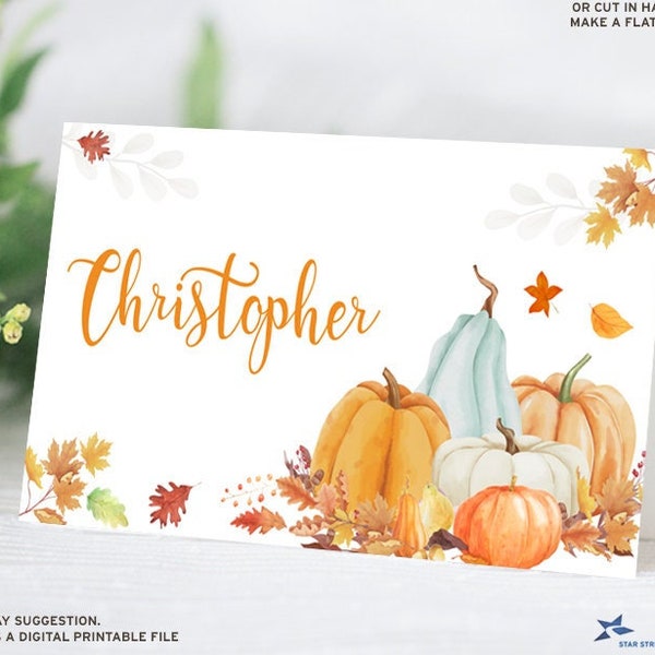 Watercolor Thanksgiving Friendsgiving Autumn Holiday Printable Personalized Place cards; 3.5"x2" Folded Card, Editable PDF, Instant Download