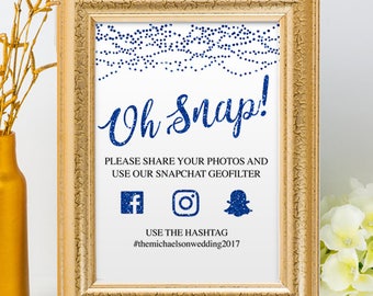 Printable Blue Glitter Look String Lights Social Media Wedding Event Hashtag Signs, 2 Sizes, Editable PDF, Instant Download