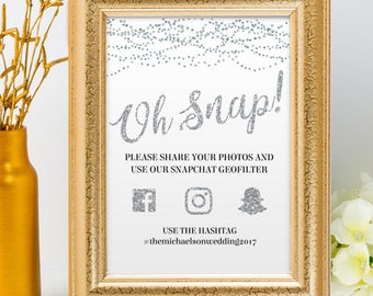 Printable Silver Glitter Look Oh Snap String Lights Social Media Wedding Event Hashtag Signs, 2 Sizes, Editable PDF, Instant Download