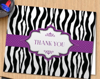 Printable Zebra Print Ribbon Thank You Greeting Card - Purple, Editable PDF, Instant Download