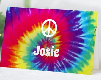 Groovy Tie Dye Hippie Printable Personalized Place cards; 3.5"x2" Folded Cards, Editable PDF, Instant Download