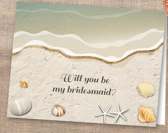 Water's Edge Shells and Sand Beach Will You Be My Bridesmaid or Thank You Printable A2 Greeting Card, Editable PDF, Instant Download