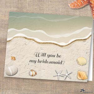 Water's Edge Shells and Sand Beach Will You Be My Bridesmaid or Thank You Printable A2 Greeting Card, Editable PDF, Instant Download
