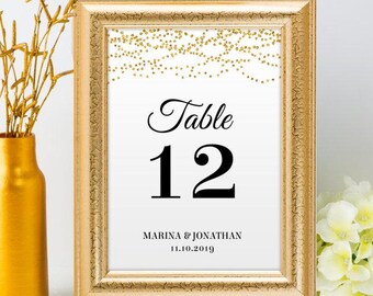 Printable Gold Foil Look Table Number Name Card 5"x7" Signs, Editable PDF, Instant Download