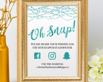 Printable Aqua Glitter Look String Lights Social Media Wedding or Event Hashtag Signs, 2 Sizes, Editable PDF, Instant Download