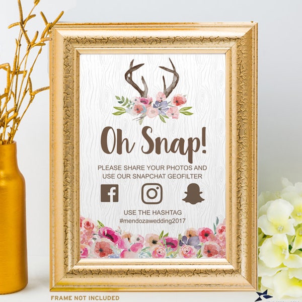 Printable Wildflowers Faux Bois Rustic Antlers Social Media Wedding Event Hashtag Sign, 2 Sizes, Editable PDF, Instant Download