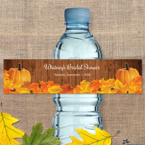 Printable Rustic Autumn Pumpkin Water Bottle Labels for Bridal Wedding Shower; Personalized 8" x 2" Labels - Editable PDF, Instant Download