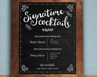 Printable Chalkboard Signature Cocktails Bar Sign - Black, 8"x10", Editable PDF, Instant Download