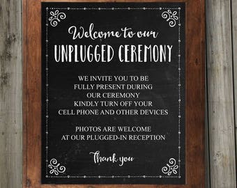 Rustic Black Chalkboard Unplugged Printable Editable Wedding Ceremony Signs, 2 sizes: 8"x10" and 11"x14", Editable PDF, Instant Download