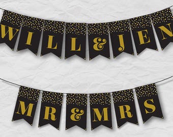 Printable Black Gold Glitter Look Circles Create Your Message Bunting, 4.5"x8" Flags, Editable PDF Instant Download, Change for any occasion