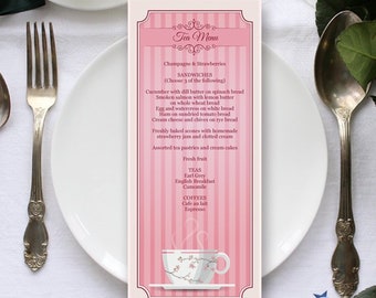 Pink Tea Party Bridal Shower, High Tea or Event Printable Menu Card, 4" x 9.25" Template - Editable PDF, Instant Download