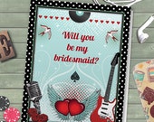 Printable Rockabilly Music Polka Dot Will You Be My Bridesmaid Thank You Greeting Card Editable PDF, Instant Download