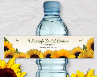 Może przedstawiać: Etykieta na butelkę wody z motywem słonecznika. Etykieta zawiera napis "Whitney's Bridal Shower" i "Saturday, July 21st, 2018".