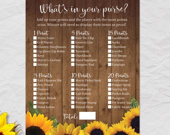Printable Rustic Watercolor Sunflower Bridal Shower What's In Your Purse Game Card, 5"x7" Cards, PDF and JPG Instant Download (not editable)