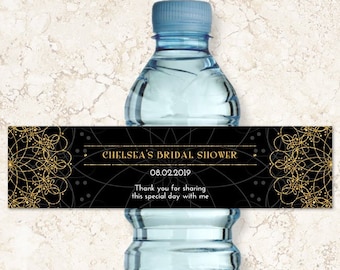 Printable Elegant Mandala Faux Gold and Black Bottle Labels - Bridal Wedding Shower; Personalized 8" x 2", Editable PDF, Instant Download