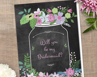 Printable Chalkboard Mason Jar Floral Will You Be My Bridesmaid / Thank You Greeting Card - Pink and Green; Editable PDF, Instant Download