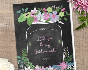 Printable Chalkboard Mason Jar Floral Will You Be My Bridesmaid / Thank You Greeting Card - Pink and Green; Editable PDF, Instant Download