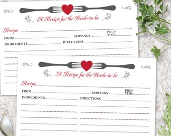 Printable Forked Heart Recipe Card, Bridal Wedding Shower, 6"x4" JPG Instant Download
