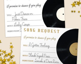Tarjetas de solicitud de canciones para imprimir en vinilo vintage, tarjetas de solicitud de canciones para eventos de bodas, juego de 4, tarjetas de 5" x 3,5", descarga instantánea en PDF y JPG