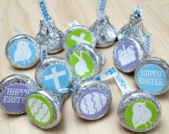 Etiquetas adhesivas imprimibles con símbolos festivos de Pascua y besos de chocolate; (no editable) PDF y JPG, descarga instantánea