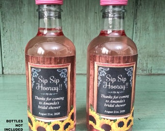 Printable Rustic Chalkboard Lace Sunflowers Mini Wine Bottle Labels; nine personalized 2.25" x 3" Labels - Editable PDF, Instant Download